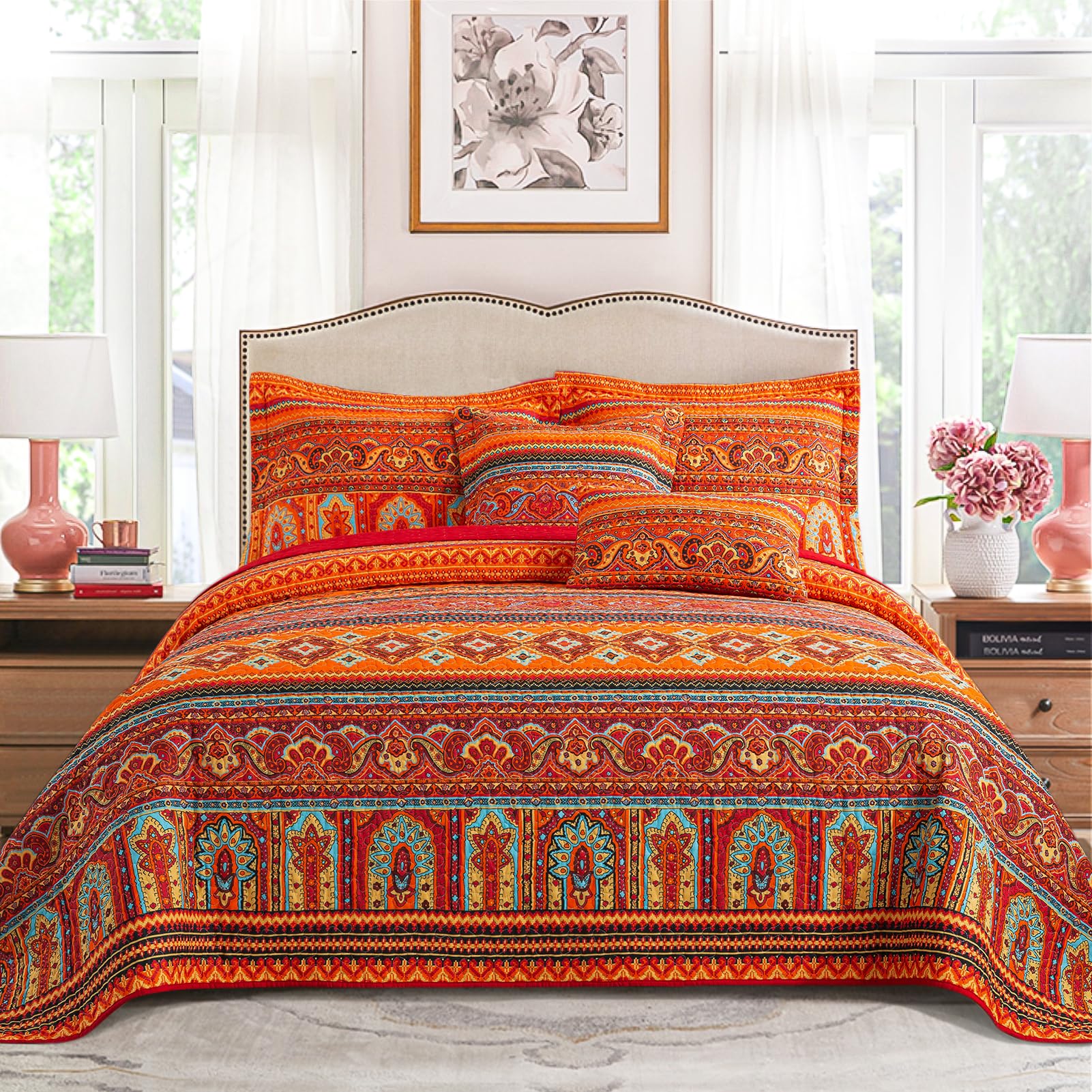 Photo 1 of VAPUTAR Quilt California King Size Bedding Set - Cotton California King Quilt (108 * 118 Inch) - Boho Lightweight Reversible Oversized Bedspread for Farmhouse Bedroom (Red/Orange), 3 Pieces