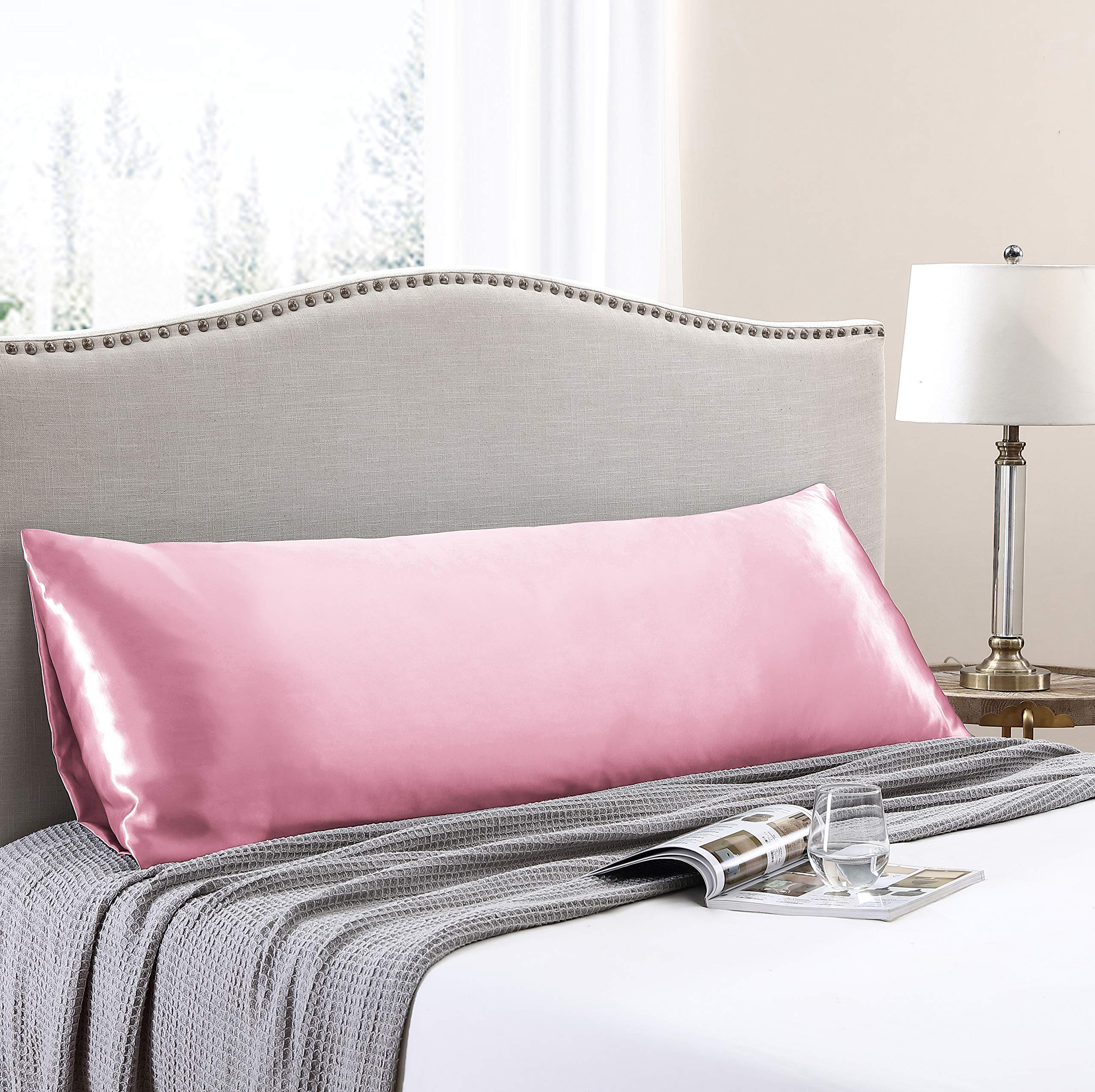 Love's cabin Satin Body Pillow Pillowcase, Similar to Silk Body Pillow Cover with Envelope Closure, Silky Cooling Long Pillowcases for Hair and Skin, 20x54 inches, PinkOEKO-TEX STANDARD 100