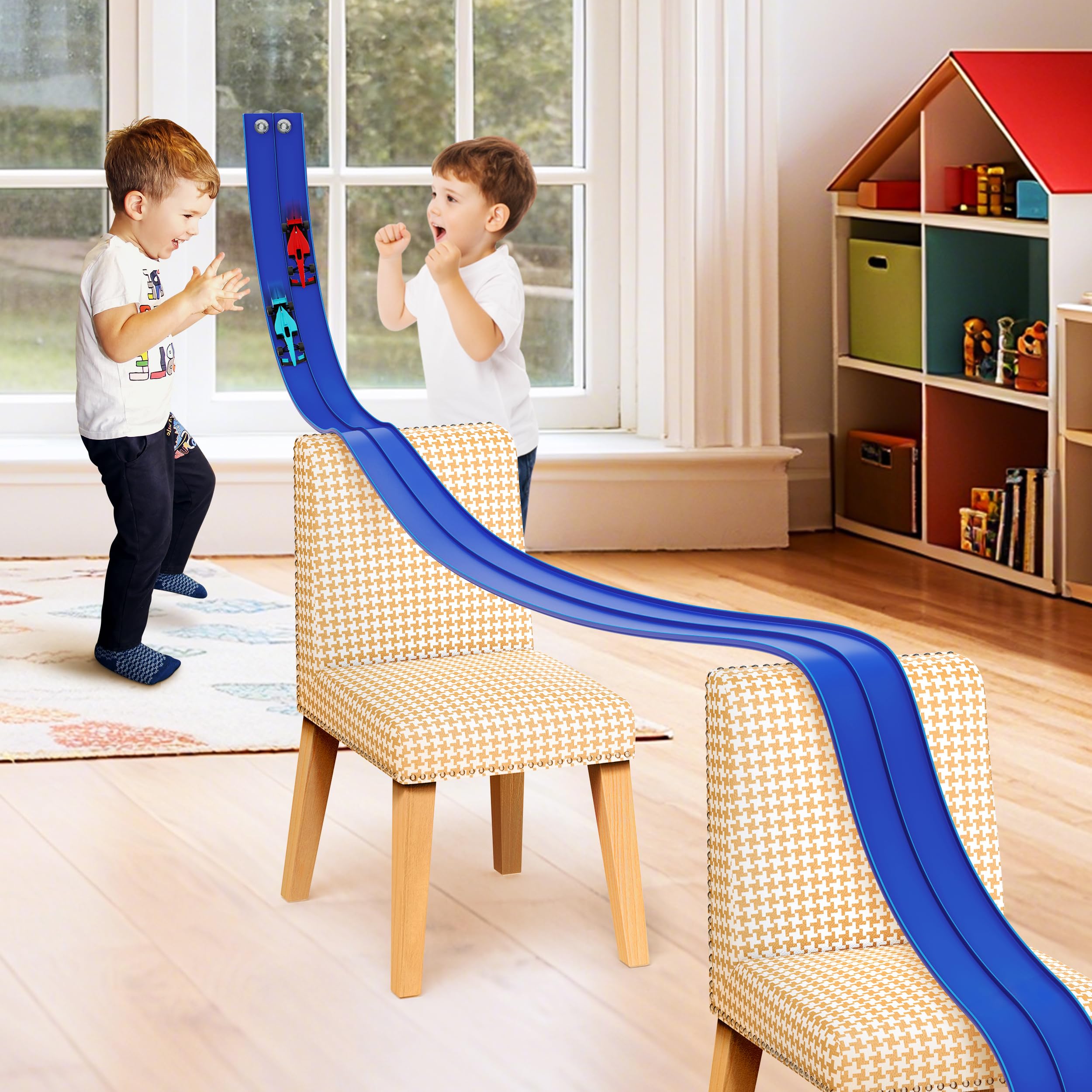 Photo 1 of 16 Ft Flexible Race Car Ramp Track for Kids Toy with Suction Cups, Compatible with Diecast 1/64th Cars, Rolls Up Portable Racetrack Party Favor Gifts for Boys Ages 3-10 Year Old (Racing Blue)