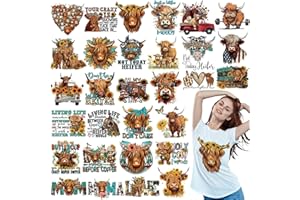 Yuntau 30 Pcs Western Iron On Transfer Patches Iron On Vinyl Decals for Jeans Western DTF Heat Transfer Vinyl Stickers DIY Appliques for Clothing T Shirt Pillow Hat(Highland Cow)