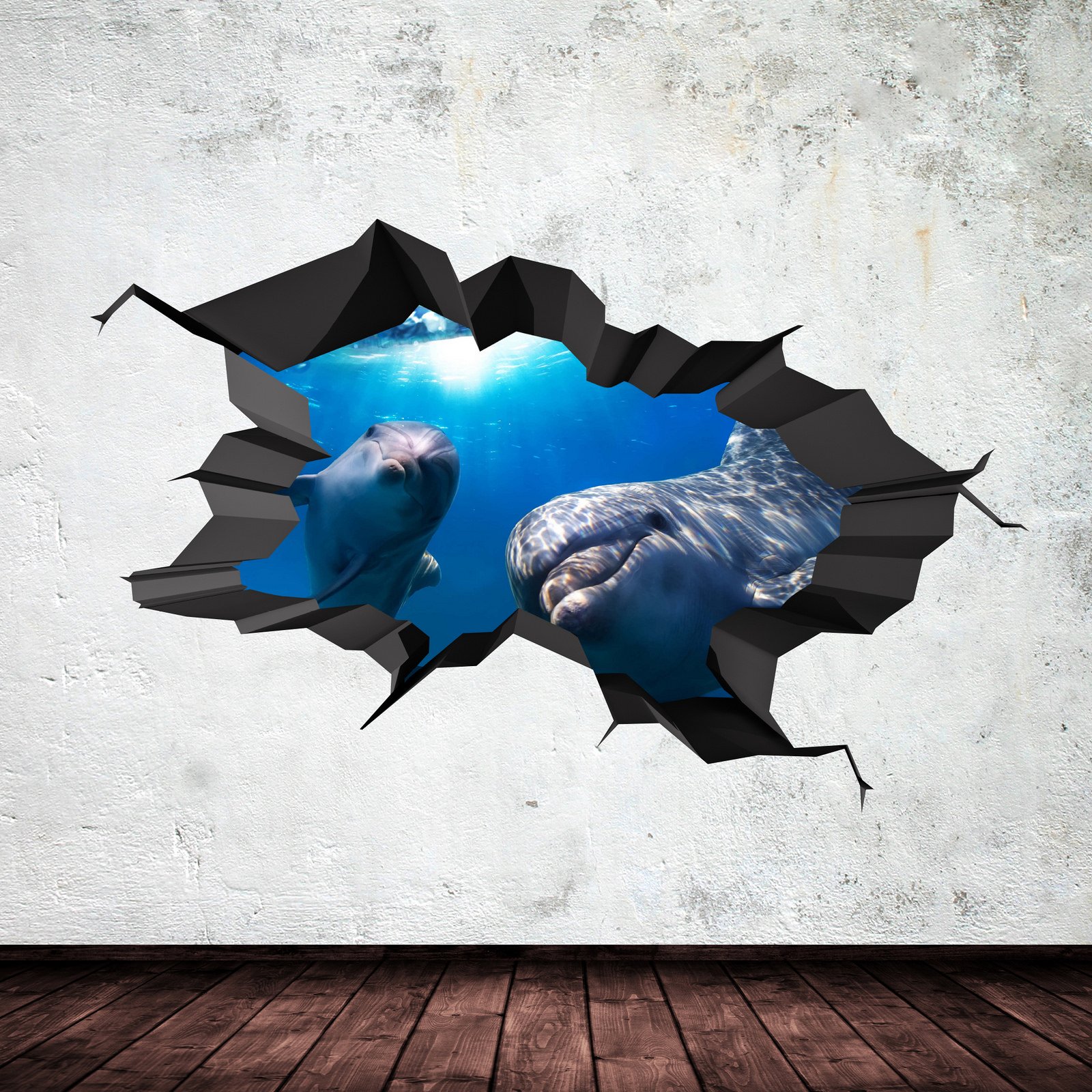 Underwater Cracked CAVE Aquarium Dolphin Fish 3D Wall Art Sticker Boys Decal Mural New 10