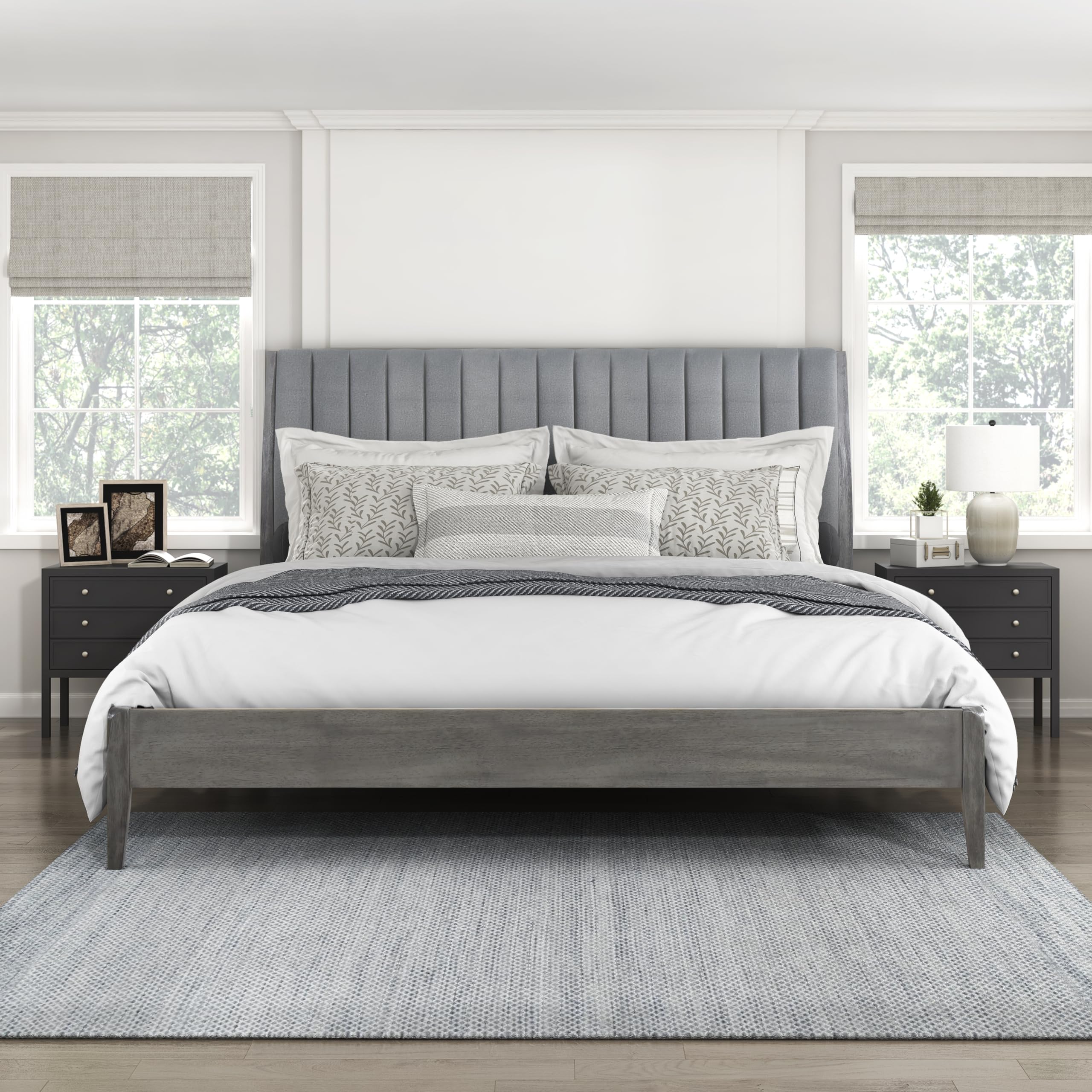 Photo 1 of Lexicon California King Bed Frame with Vertical Channel Tufted Velvet Headboard, Modern Bed Frame, Wood Platform Bed, No Box Spring Needed, Easy Assembly, Grey