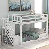 Twin Over Twin Low Bunk Bed with Ladder and for Storage Staircase for Teens, Boys or Girls, No Box Sping Needed