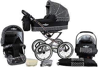Bergsteiger Venedig Nostalgie Kinderwagen 3 in 1 Retro Kombikinderwagen Megaset 10 teilig inkl. Babyschale, Babywanne, Sportwagen und Zubehör (black & white dots)