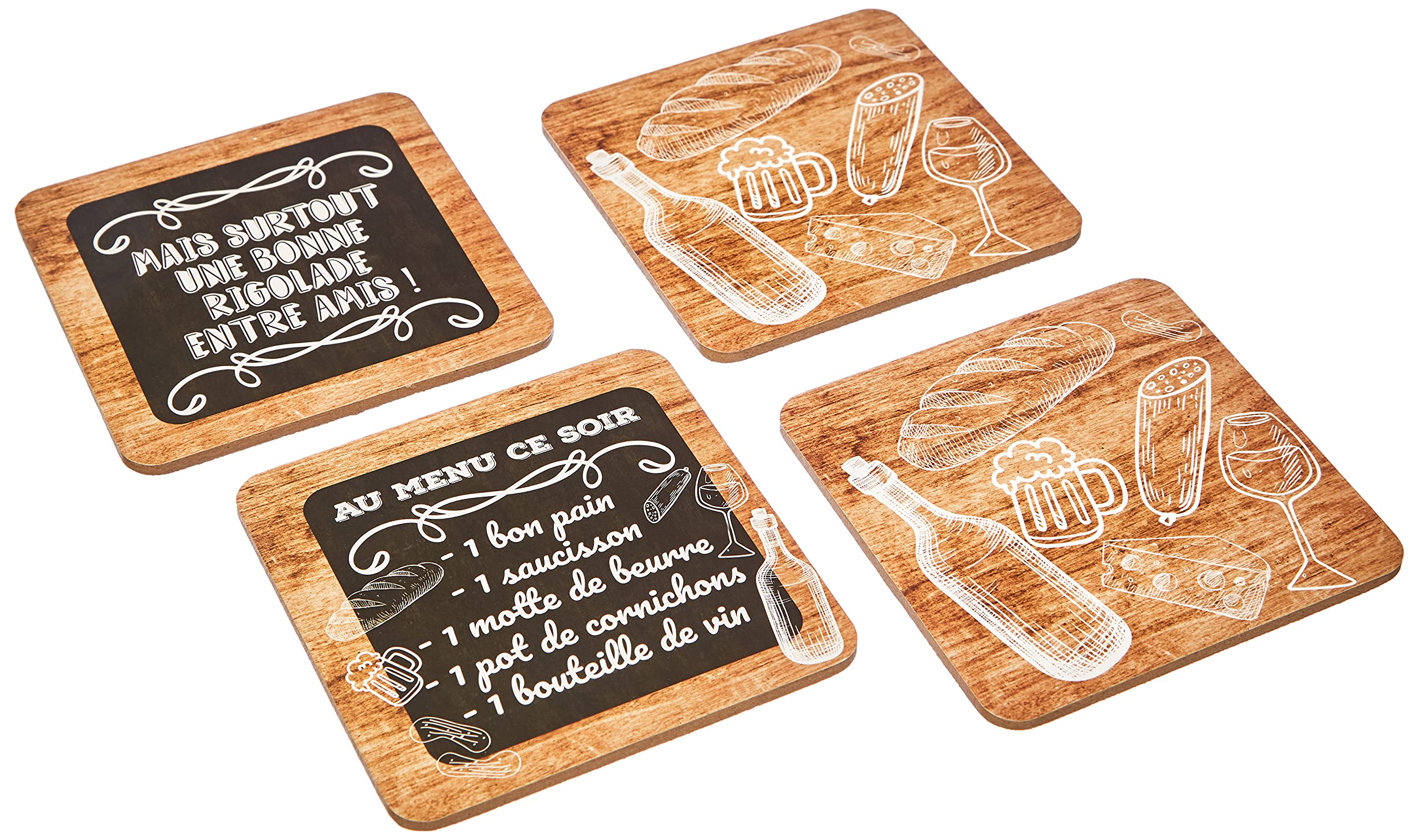 Vino de Francia Lot 12 Sets 4 Coasters au menu ce soir, Wood, Multi-Coloured, 10 x 10 cm