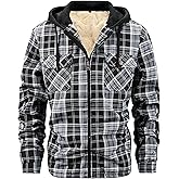 HVERDE Men's Winter Cotton Plaid Shirts Jacket Warm Fleece Lined Flannel Hooded Shirt Jacket Coat for Men