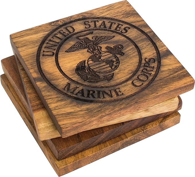 Marine Corps Coasters USMC Emblem Engraved Acacia Wood
