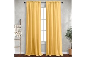 MRS.NATURALL Yellow Gold Linen Curtains 84 Inch Length for Living Room 2 Panels Rod Pocket Drapes Light Filtering Semi Sheer Mustard Golden Yellow Curtain for Bedroom Fall Autumn Decor 52x84 Long Sunflower Colored