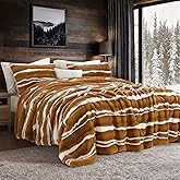 Wonderful 3 Pieces Fluffy Faux Rabbit Fur Comforter Set King Size, Caramel Plush Fuzzy Bedding Set, Animal Stripes Design Warm Soft Comforter Bedding Set for All Season,104"x94"