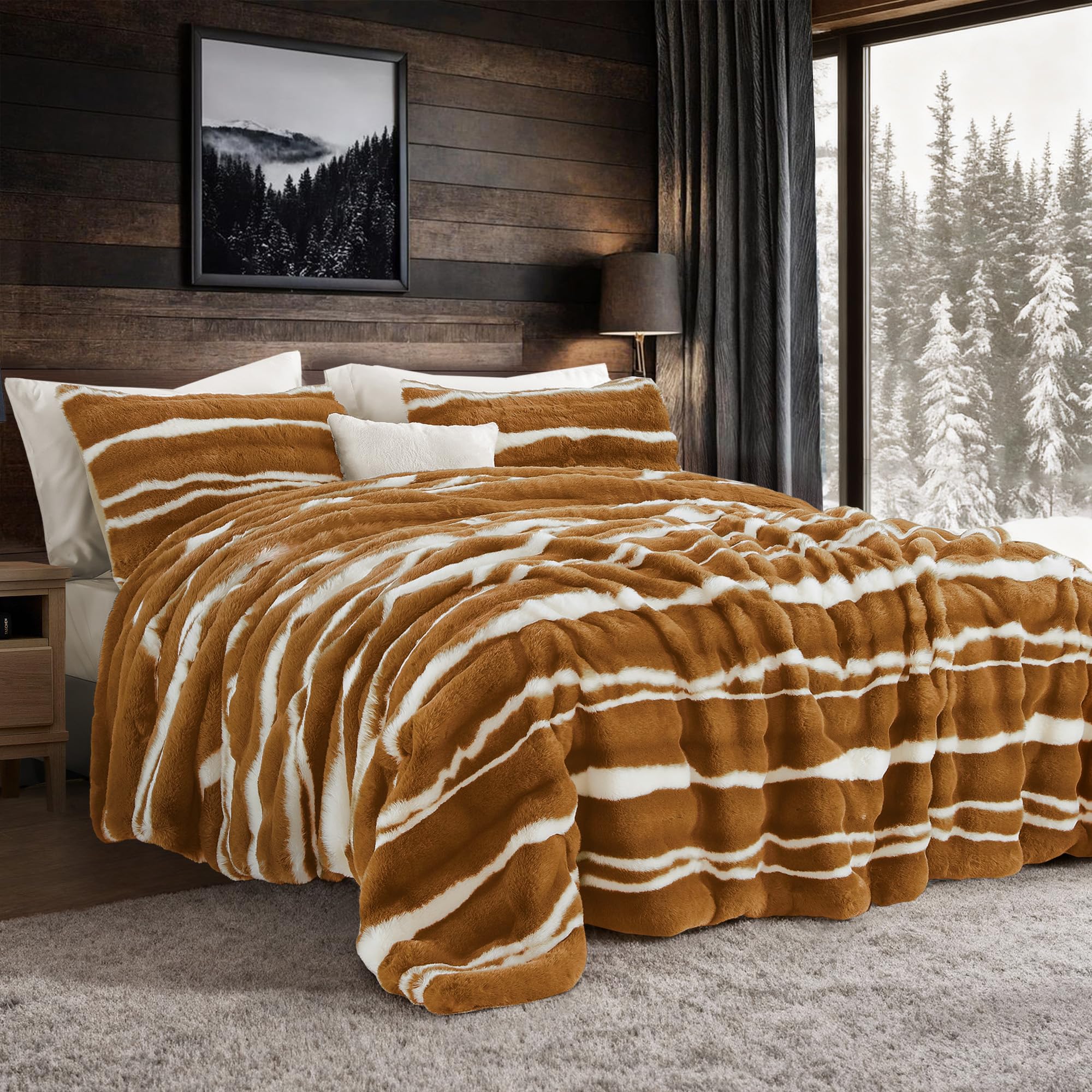 Wonderful 3 Pieces Fluffy Faux Rabbit Fur Comforter Set King Size, Caramel Plush Fuzzy Bedding Set, Animal Stripes Design Warm Soft Comforter Bedding Set for All Season,104"x94" Image