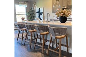 PURPLE LEAF Outdoor Counter Height Bar Stool Set of 2 Modern Rattan Bar Chairs with Woven Rope Back Aluminum Wicker Patio Barstools for Indoor Kitchen Garden Teak