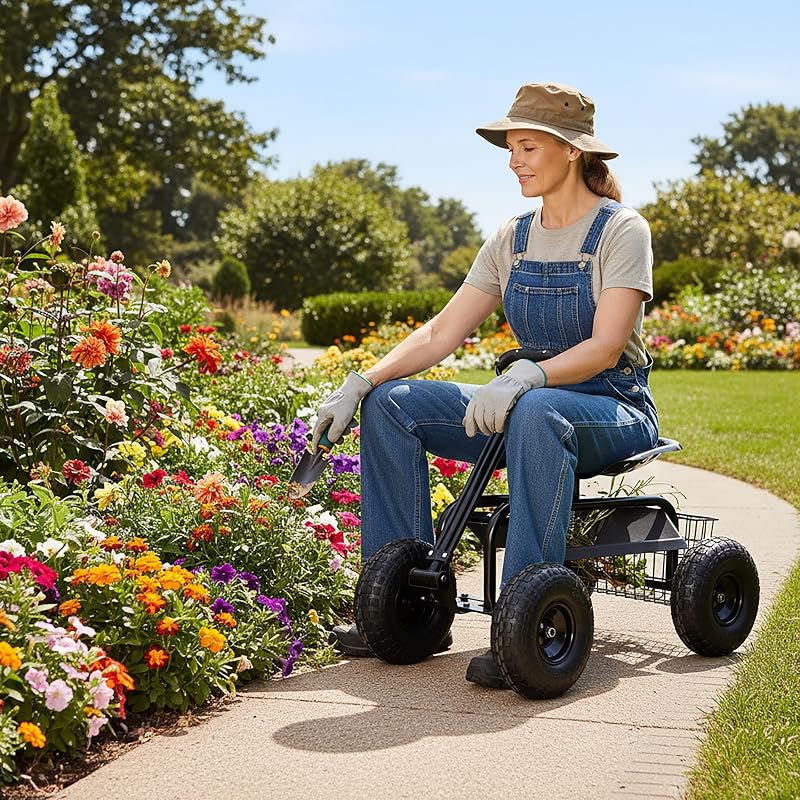 Banco de jardim com rodas, Ajustável em altura, 150 kg, Preto