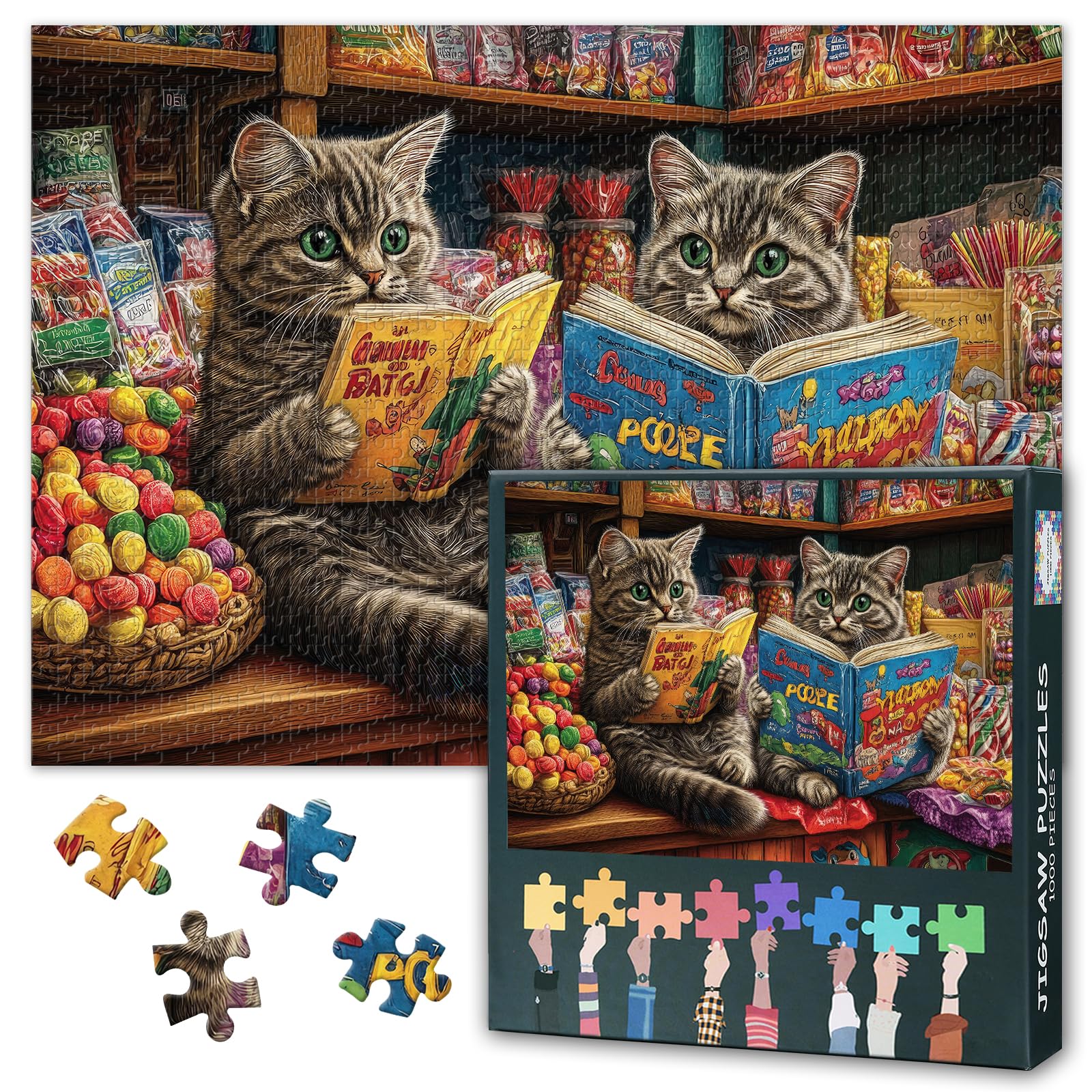 Jigsaw Puzzle 1000 Pieces, Two Cats Reading a Book Adult Jigsaw Puzzles, C Adults Puzzles 1000 Piece Challenging Puzzle Perfect for Game Nights Finished Size 50x70cm