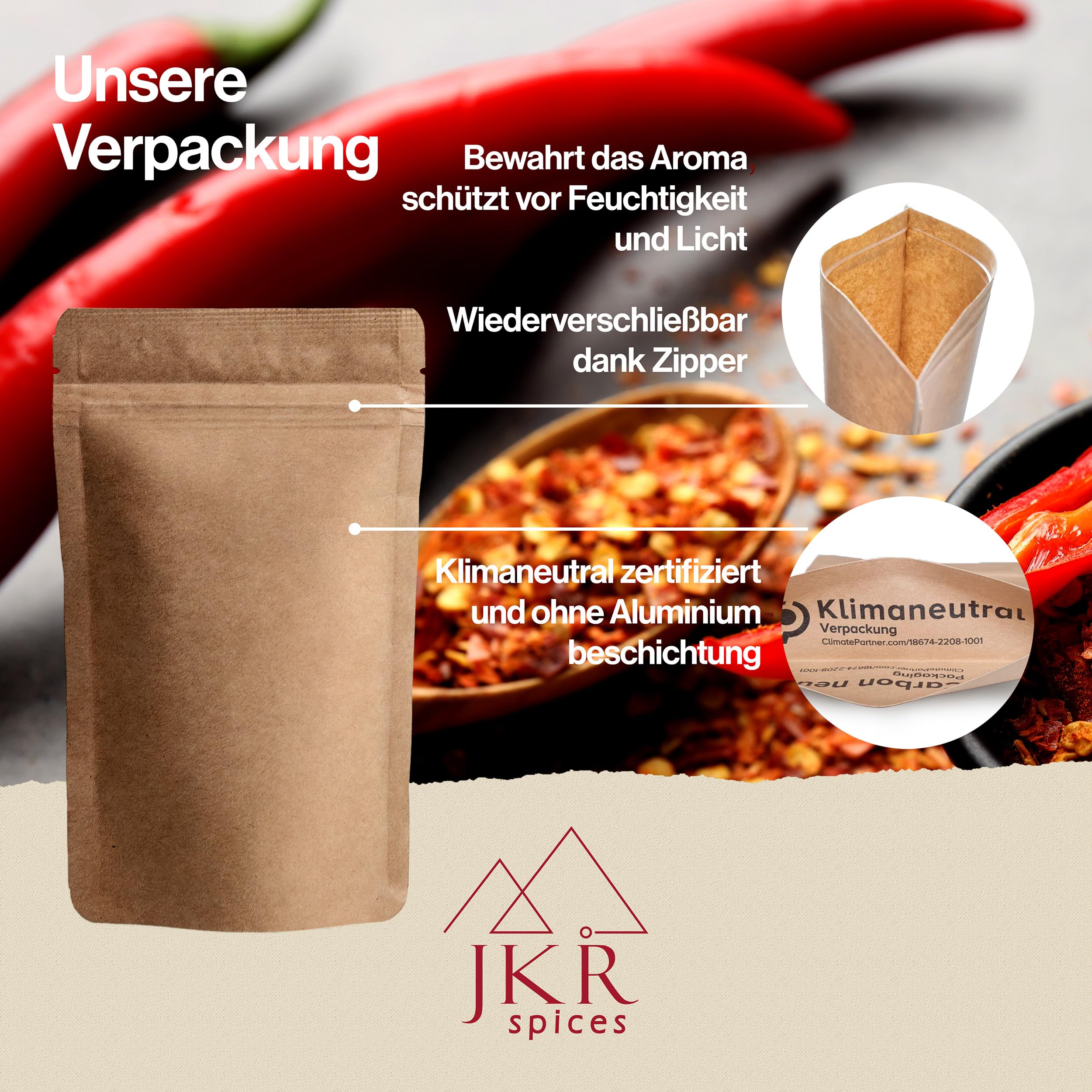 JKR Spices Chiliflocken ohne Saat 200g | Chili Flocken ohne Kerne | Chili Flakes im wiederverschließbaren CO² neutralem Beutel | Chili geschrotet mild | Chilli Flocken 6