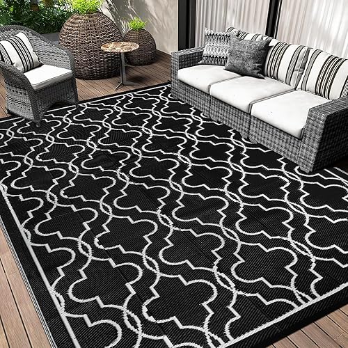 Cekene Large Outdoor Rug Waterproof Black 270x365cm Patio Rugs Reversible RV Camping Mat Lightweight Plastic Portable Outdoor Carpet for Picnic Porch Deck Backyard BBQ Beach