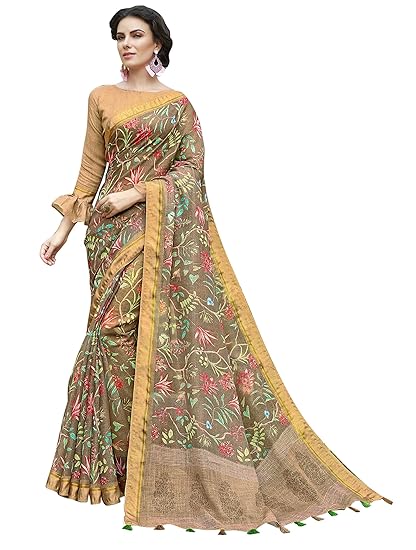 Womens Linen Saree With Blouse Piece (STB16LIN_Beige)