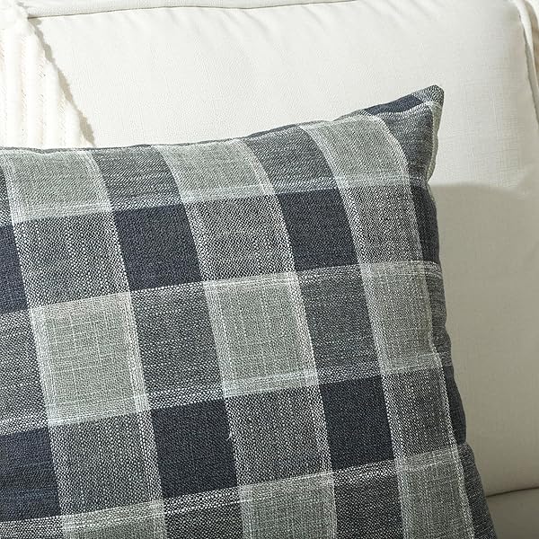 STELLHOME PACK OF 2 LINEN BUFFALO CHECK THROW PILLOW COVERS, FARMHOUSE PLAID DECORATIVE CUSHION COVERS FOR COUCH SOFA LIVING ROOM, 24X24 INCH, DARK GREY