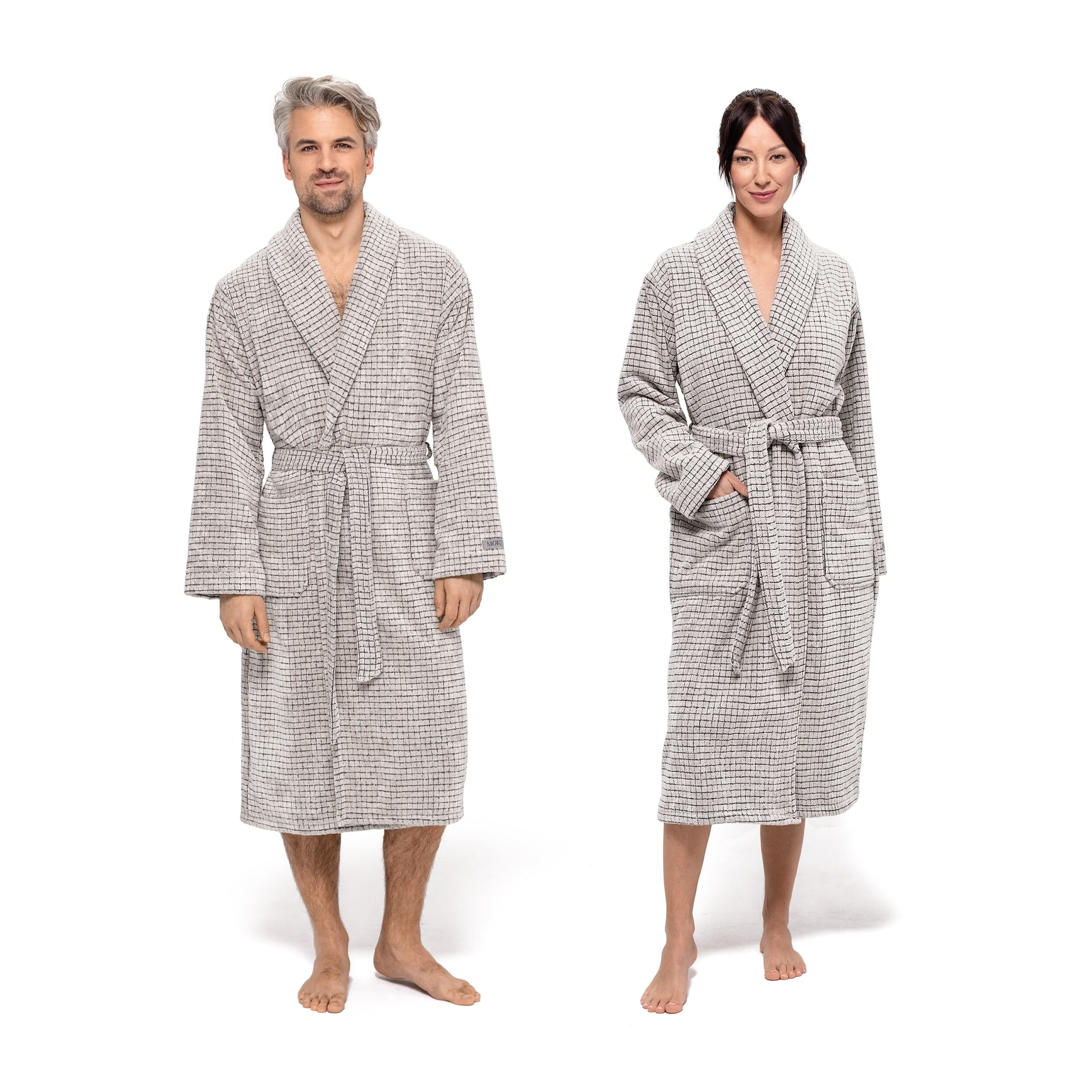 Möve Eden shawl collar robe in S. L, 80% cotton / 20% linen, nature/black
