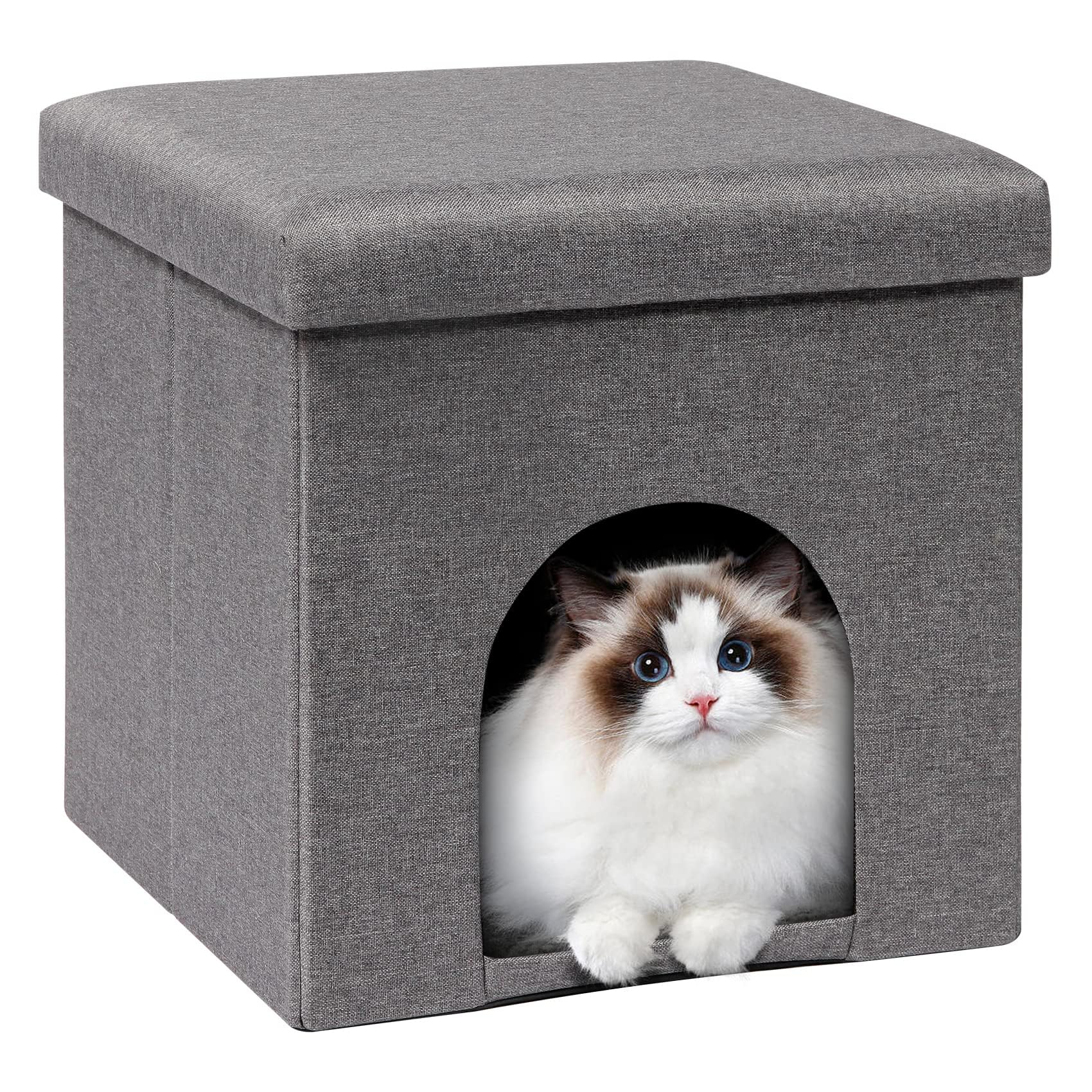 Bonlife Cat House Ottoman,Folding Cat Cave Beds for Indoor Cats,Winter Pet Kennel with Washable Pad,Footstool Seat with Lid,40x40x40cm,Grey