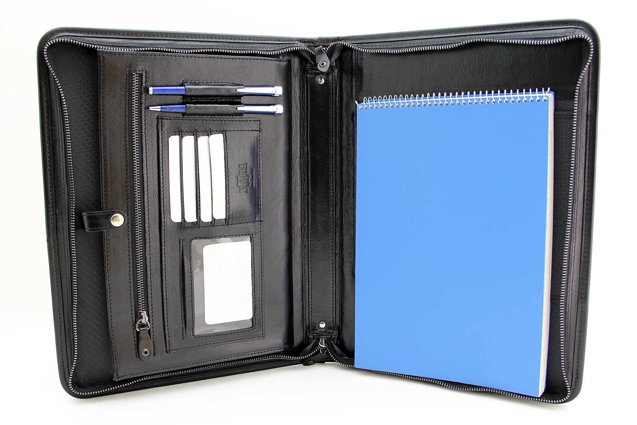 Noda Executive Leather Portfolio Professional Business Padfolio w/Zippered Closure |Planer Organiser Document Organizer | Men Writing Case (Black)