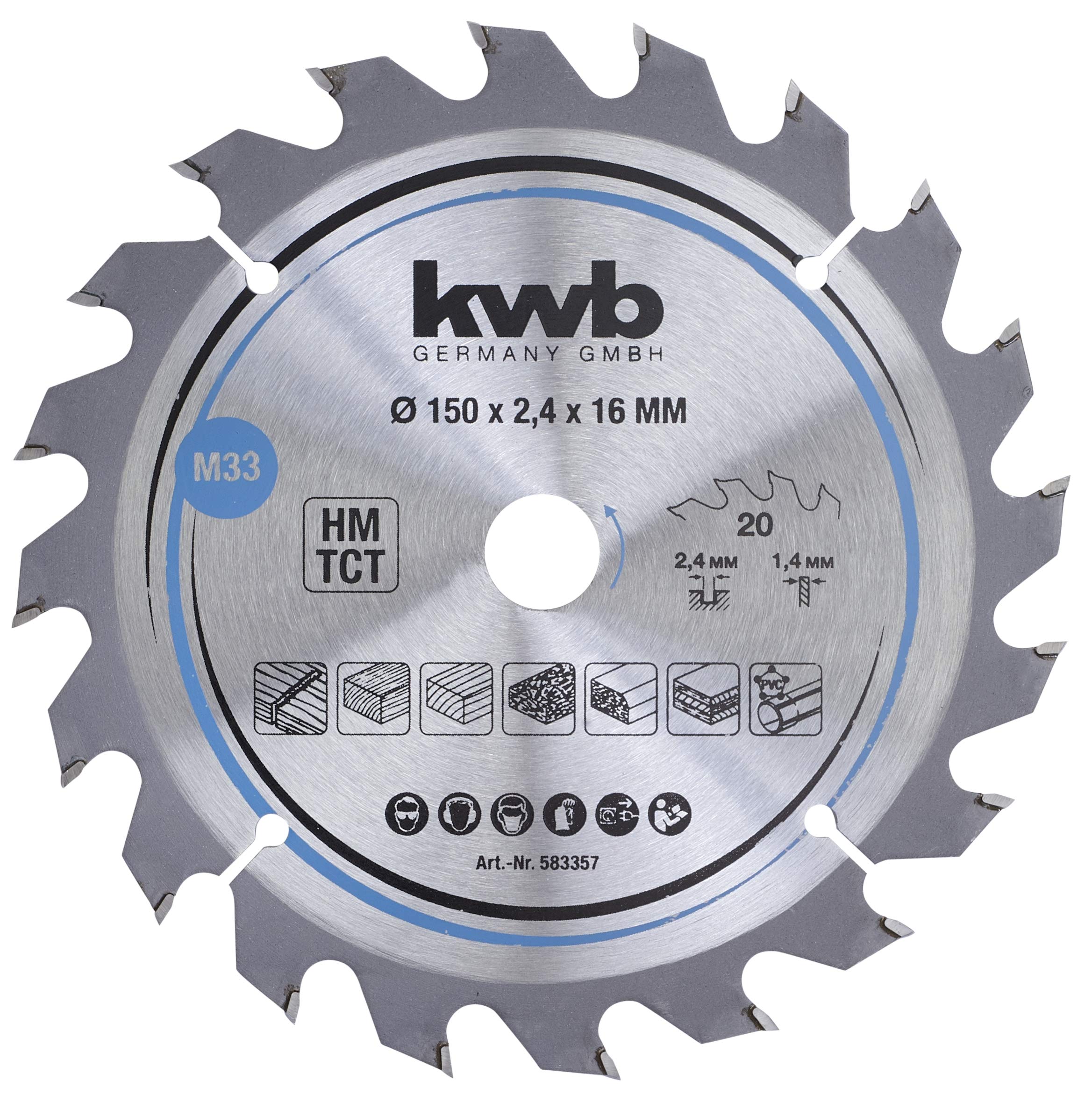 kwb 583357 chip Plates Circular Saw Leaf, Wood/Hardwood, 150 x 16 mm, Clean cuts, Middle Number, 20 Teeth Z-20, Cleanput Saw Blade Medium, 150 x 16