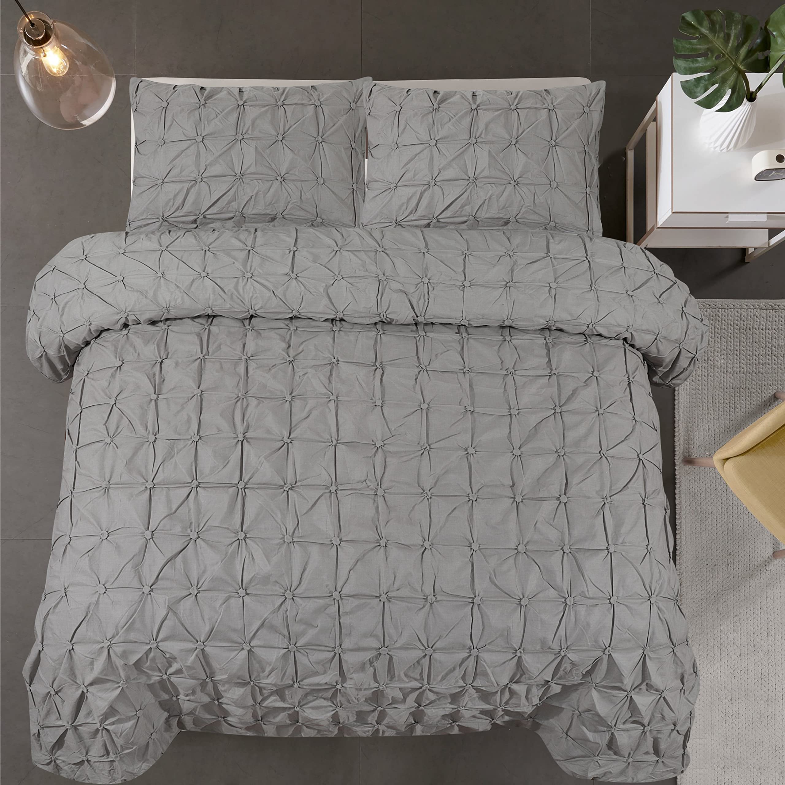 Belle Home Grey double duvet set Pintuck Pinch Pleat Soft Quad Diamond design bedding & linen bed set with pillow cases
