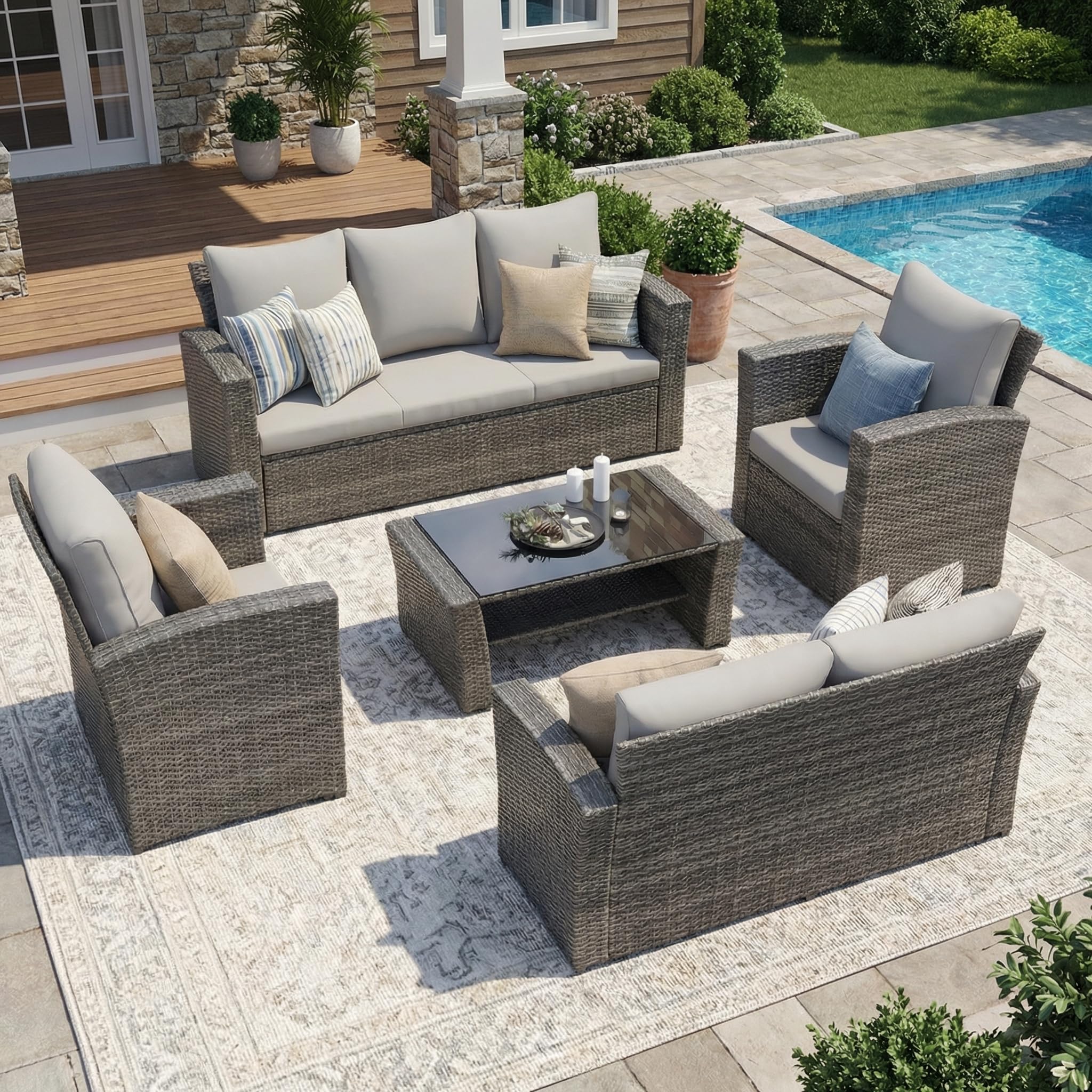 View 1 of **PARTS ONLY** Wisteria Lane 5 Piece Patio Furniture Set, Wicker Outdoor Patio Conversation Furniture Set, All Weather Outdoor Patio Sofa with Cushion and Glass Table, Grey