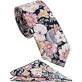 ZENXUS Mens Casual Skinny Floral Tie Combo Set with Flower Pocket Square 2½" Cotton Necktie Hand Made