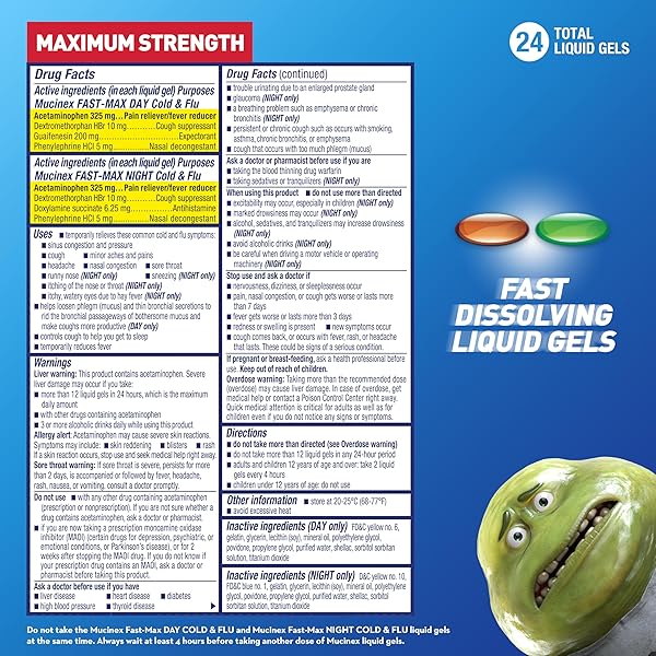 MUCINEX FAST-MAX LIQUID GELS FOR DAY/NIGHT COLD AND FLU, 24 COUNT