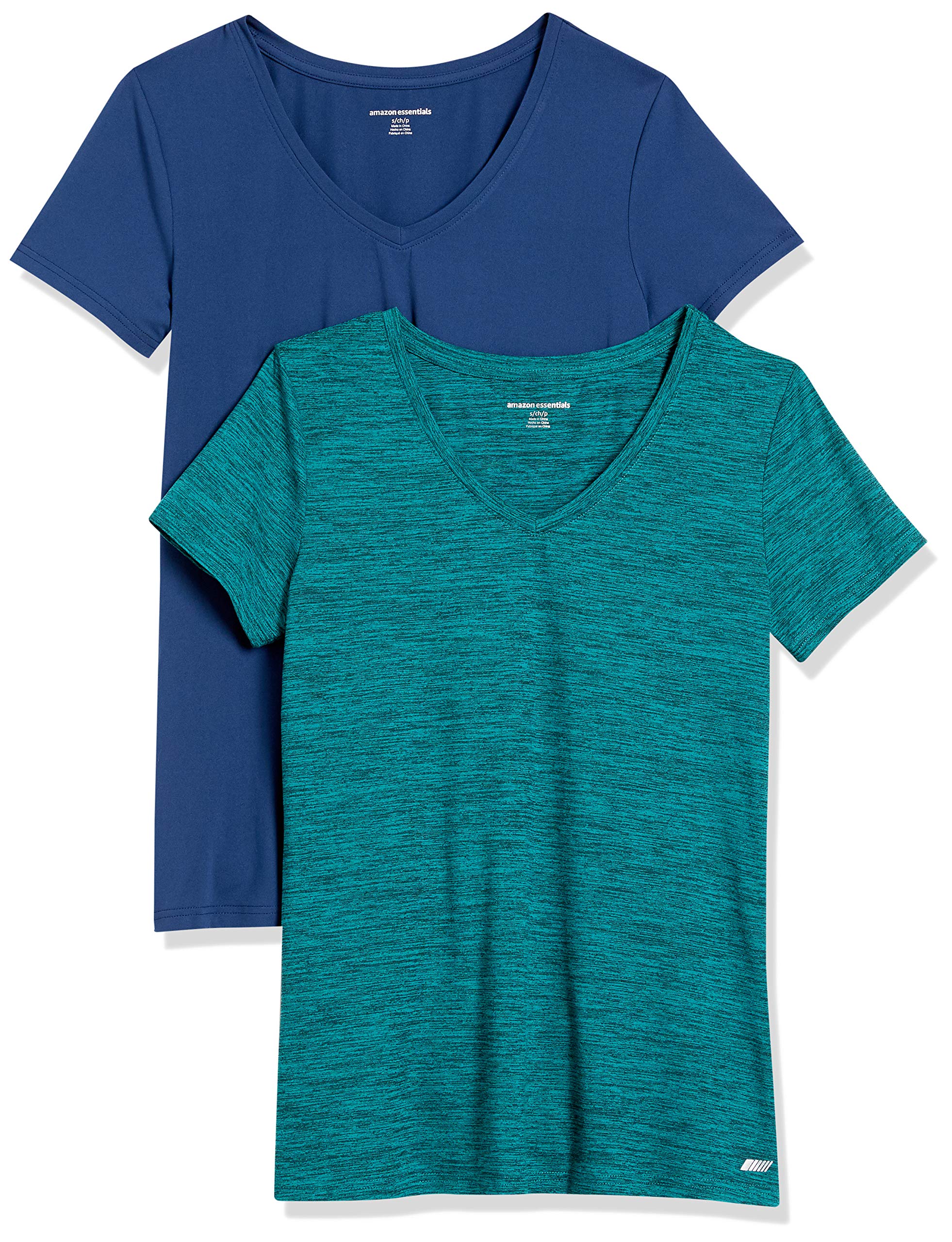 Photo 1 of Amazon Essentials Women's Active Quick Dry Tech Stretch Short-Sleeve V-Neck T-Shirt (Available in Plus Size), Pack of 2, Blue/Teal Green Space Dye, Small