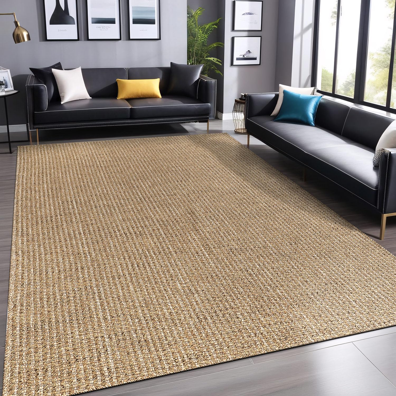 Photo 1 of Luul Home Easy Jute Rugs 9x12 Natural Color Living Room Indoor Outdoor Area Rug for Patio Farmhouse and Kitchen Rug High Traffic Easy to Clean Washable Solid Boho Woven Design Outside Carpet (9 x 12)