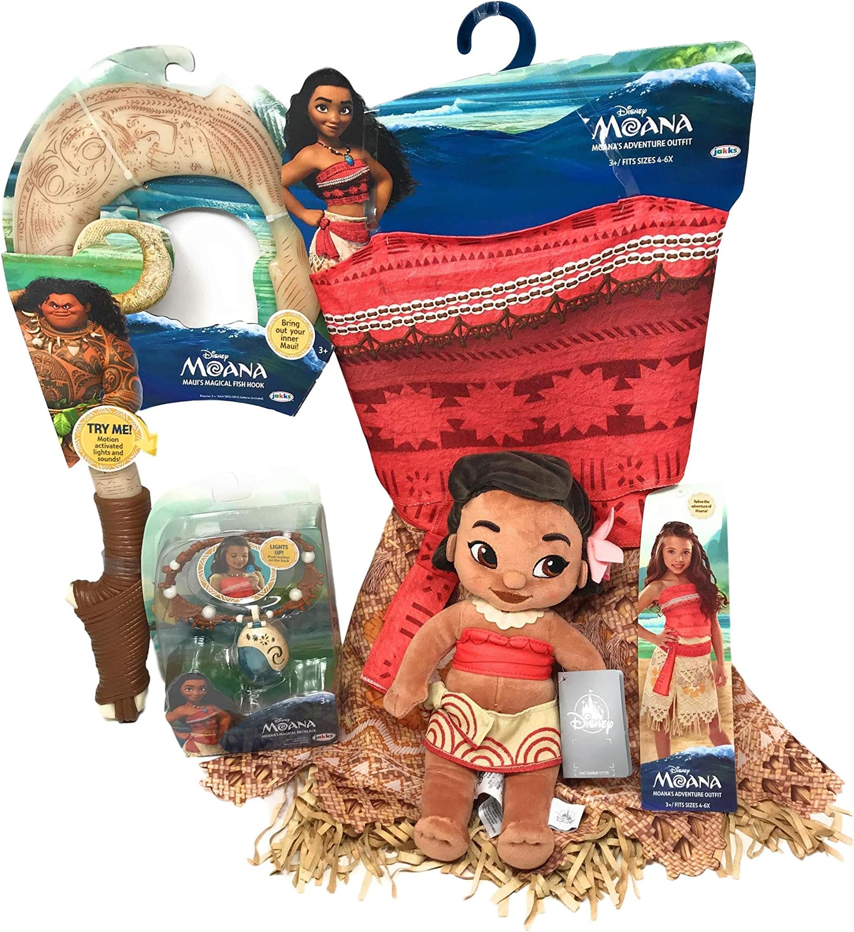 Bundle: Disney's Moana Costume Set Featuring Moana's Adventure Outfit (Size 4-6x), Moana's Magical Necklace, Maui's Magical Fish Hook, 12-inch Moana Plush, and Bonus Toy Bag
