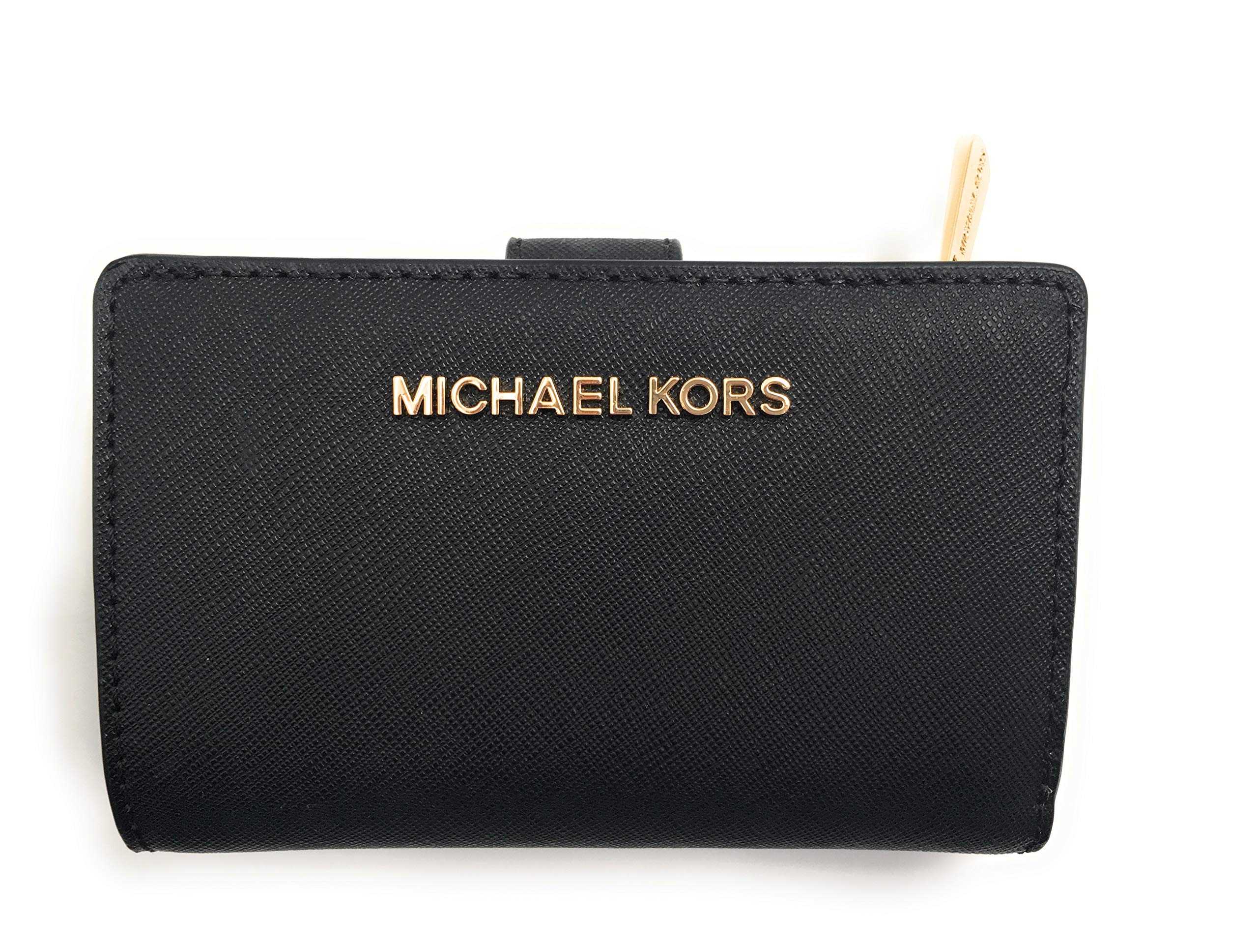 Michael Kors Jet Set Travel Saffiano Leather Bifold Zip Coin Wallet, Black Saffiano, M, Bifold Wallet