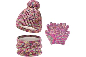 Kids Toddler Winter Hats Touchscreen Scarfs Gloves Set Pompom Beanie Caps Neck Warmer with Fleece for 5-8 Years Old Baby Girl
