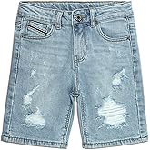 KIDSCOOL SPACE Boys Slim Fit Mid-Thigh Denim Shorts, Ripped Soft Elastic Band Inside Half Jean Pants