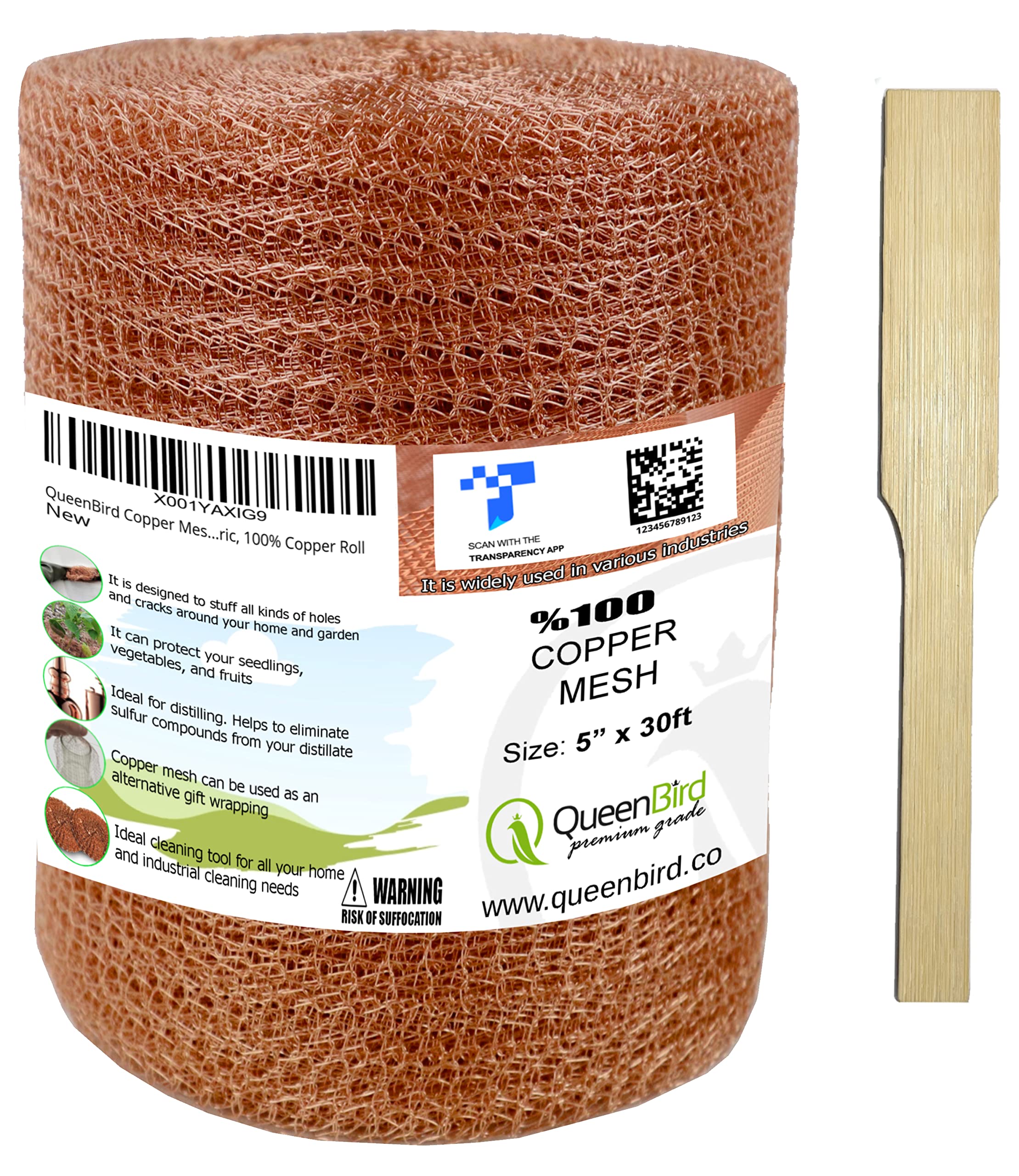 QueenBird Copper Mesh with Packing Tool - 5" X 30 Feet (12.7 cm X 9.14 mt) - Blocker for Hole - DIY Hole Filler, Copper Fill Fabric, Ideal for Distilling, Pure 100% Copper Roll