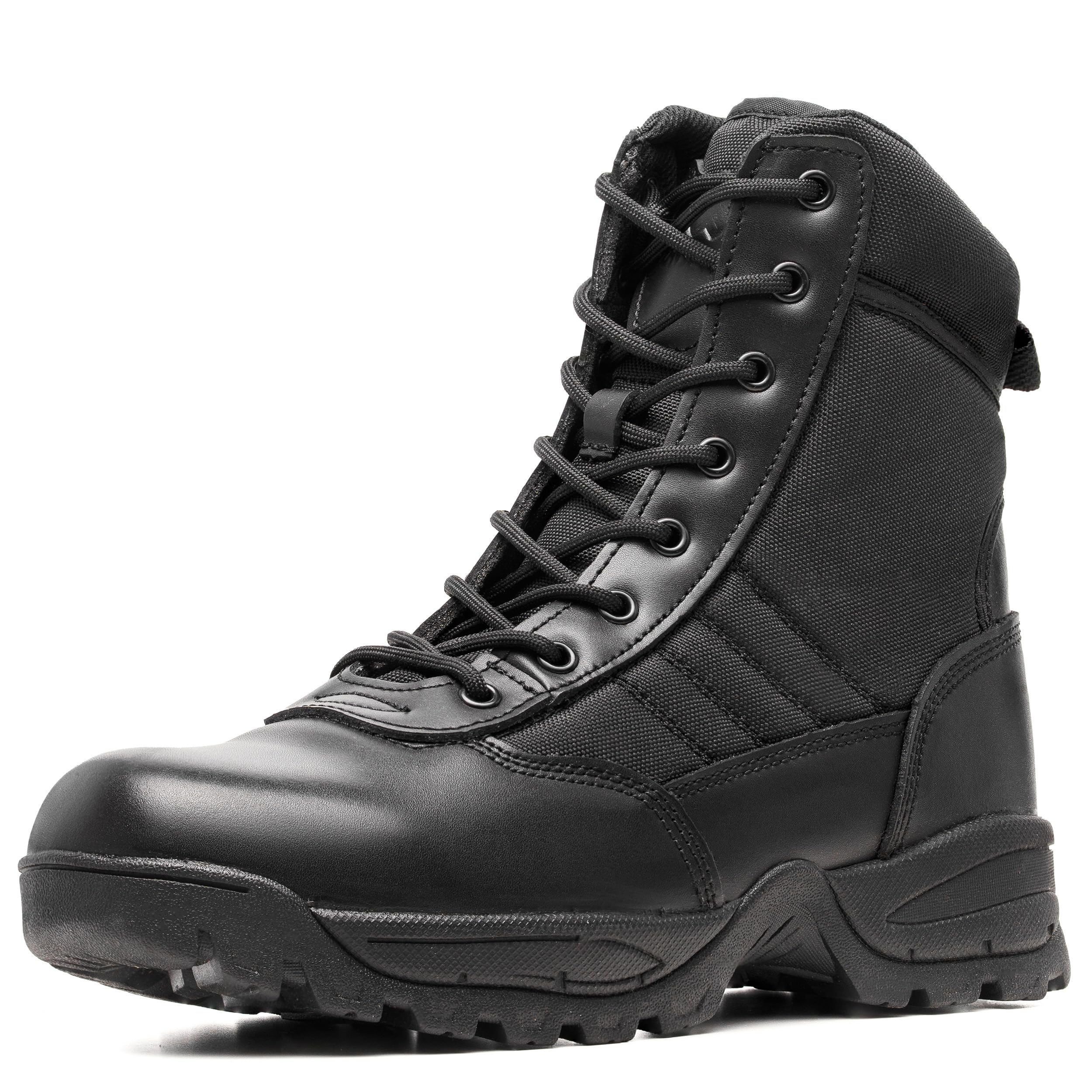 Photo 1 of WIDEWAY Men's Tactical Military Work Boots Black Waterproof Leather Motorcycle Combat Army Boot w/Side Zipper slip resistant and All Day Comfortable (6-8inch) size 10