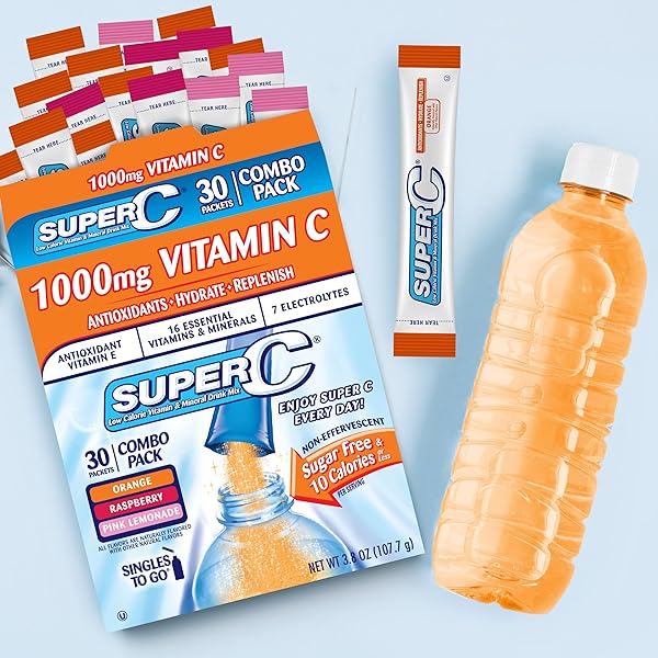 SUPER C SINGLES TO GO POWDER PACKETS, WATER DRINK MIX, VARIETY PACK, ORANGE, RASPBERRY & PINK LEMONADE, ON-THE-GO, 30 COUNT