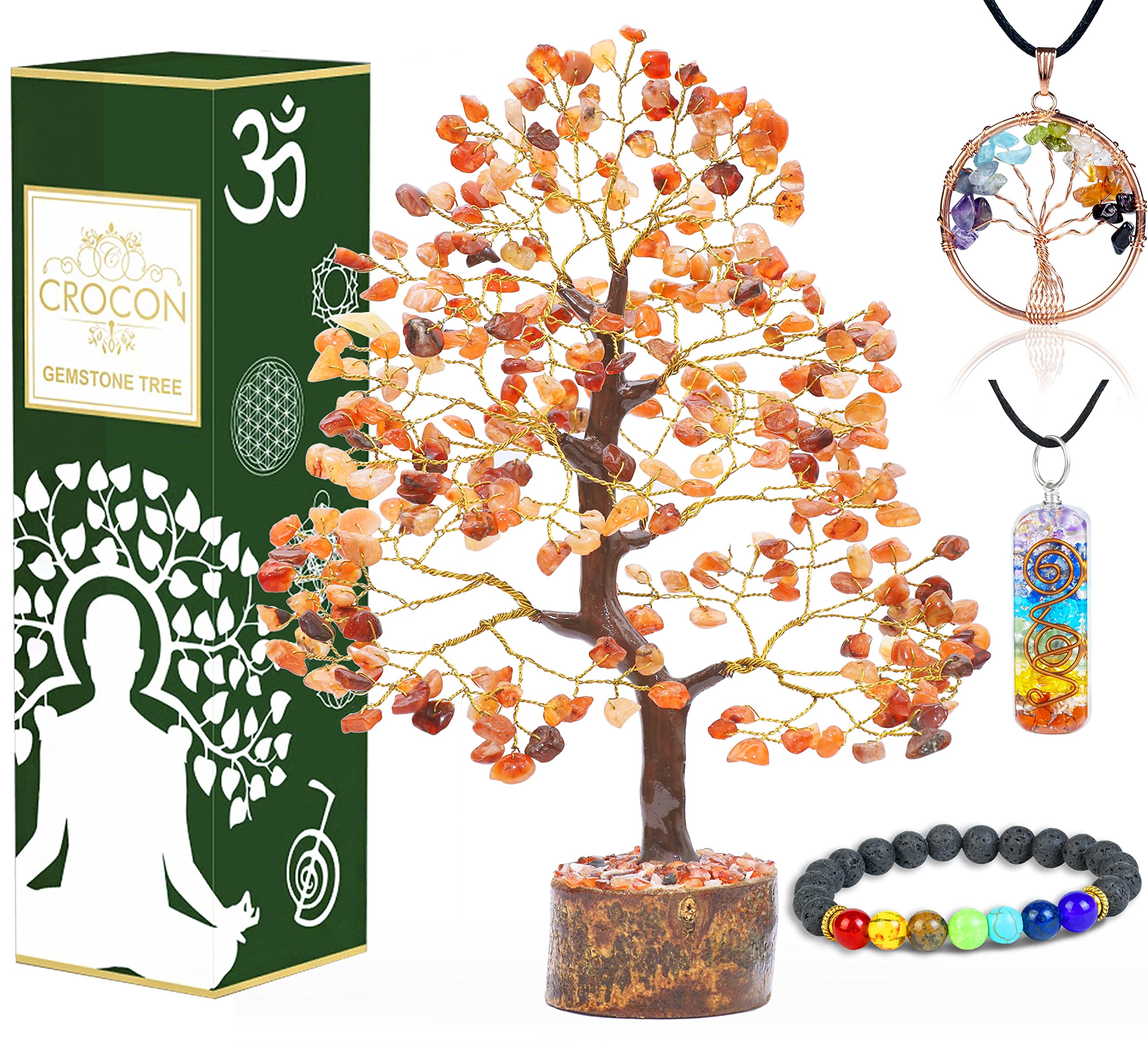 Carnelian Crystal Tree of Life with Bracelet & 2 Pendants Feng Shui Gem Tree Decor Healing Crystals Spiritual Orange Gifts for Cute Home Room & Desk Decor, Gifts for Women, Girlfriend, Her & Sister — image 1