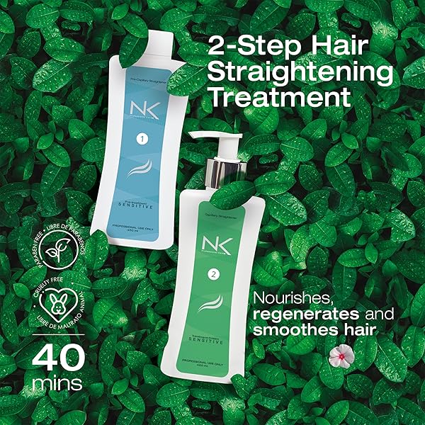 NK PROFESSIONAL CARE SENSITIVE KERATIN HAIR STRAIGHTENING TREATMENT, VEGAN, FORMALDEHYDE FREE. KIT STEPS 1,2,3,4. SENSITIVE STRAIGHTENING TREATMENT, POST-TREATMENT SHAMPOO AND RESTORATIVE MASK.