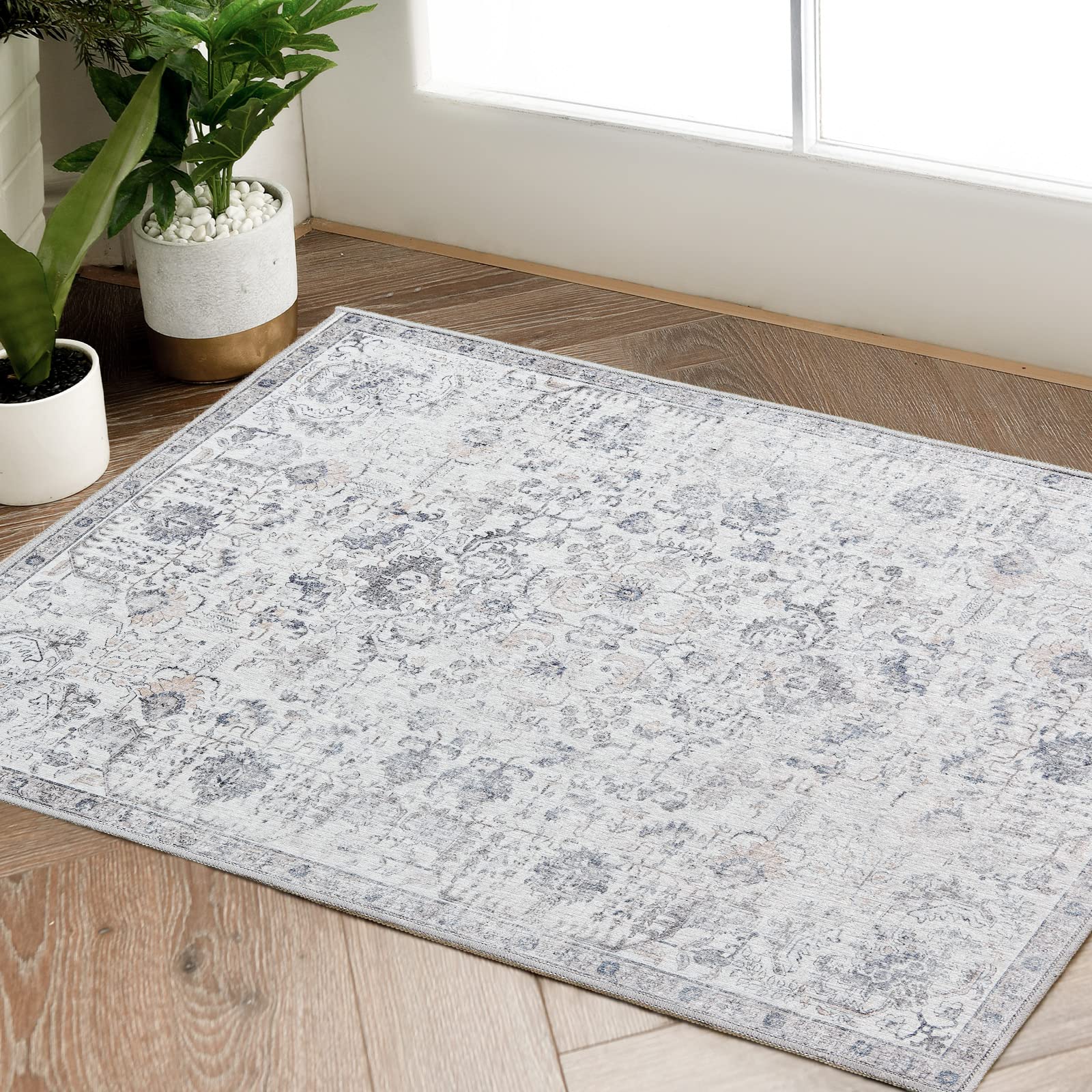 TOPICK Door mat Washable 60x90cm Grey Entryway Doormat Indoor Boho Floral Print Small Rug Thin Lightweight Non Slip Carpet for Kitchen Bathroom