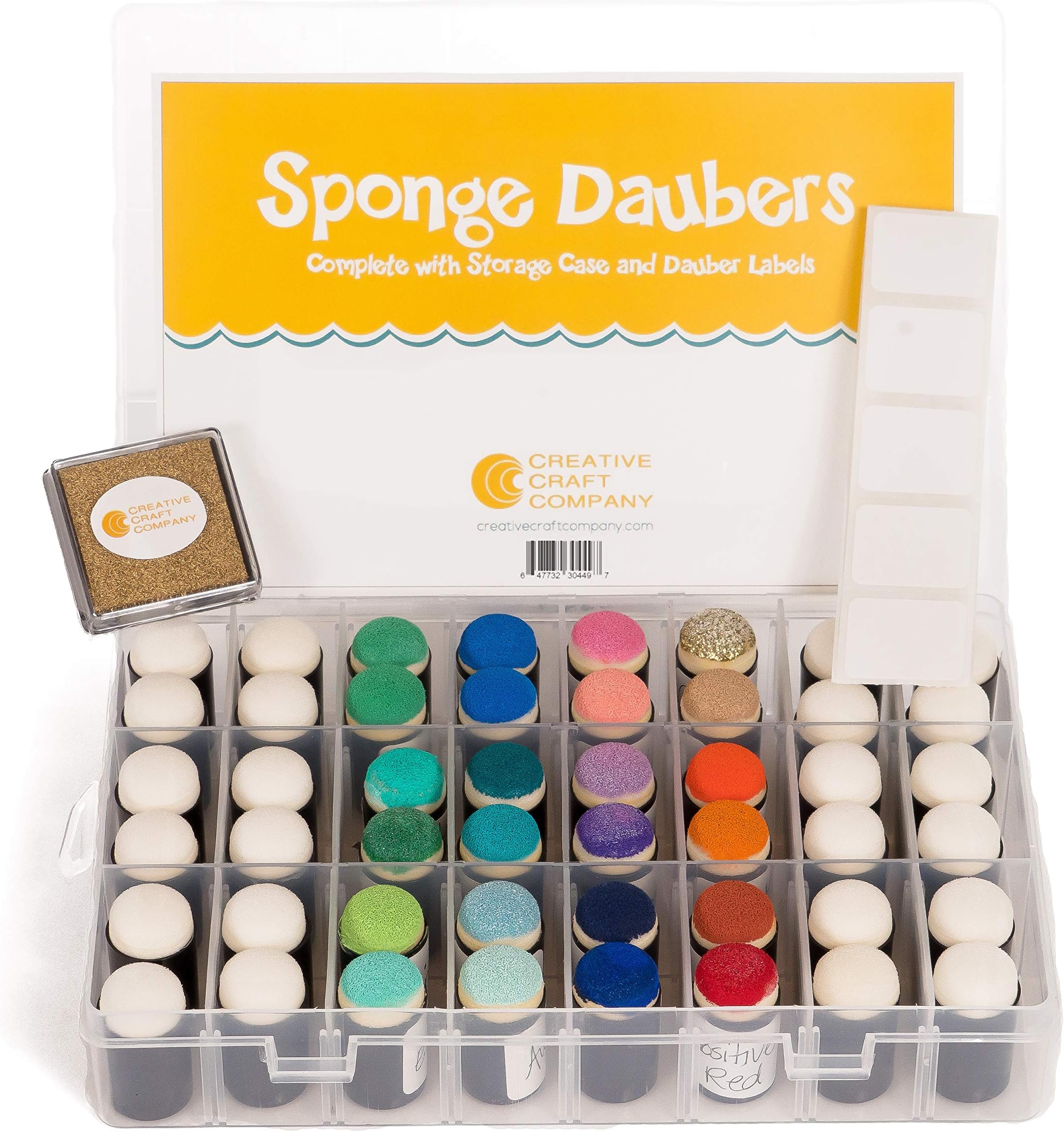 Creative Craft Company 48-Piece Sponge Daubers with 50 Labels, 1.5-Inch Square Gold Ink Pad and Storage Case