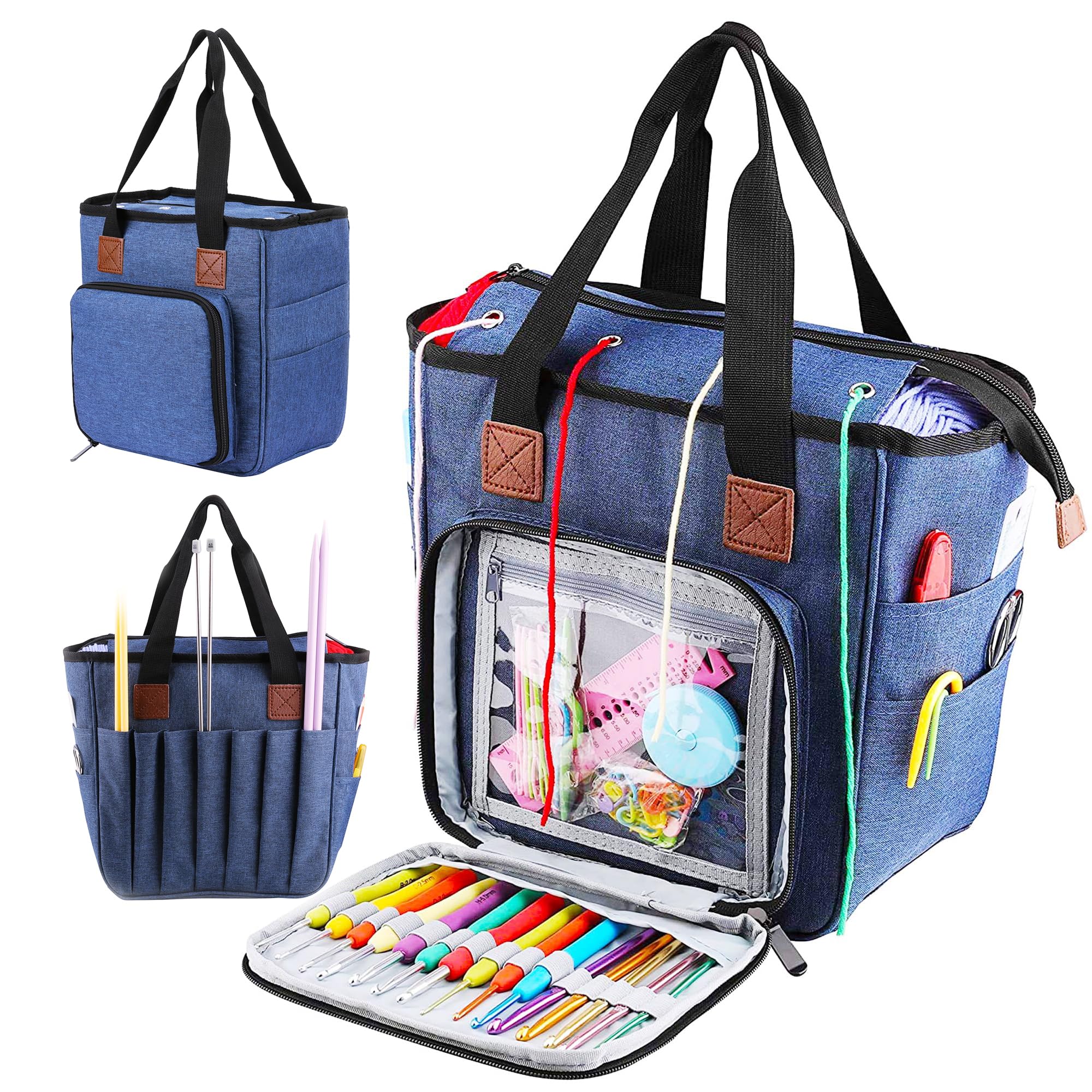 JOZEA Yarn Storage Portable Bag,Knitting Bag for Yarn Storage, Crochet Hooks, Yarn Bag, Knitting Needles,Skeins of Yarn-Enjoy Knitting/Crocheting Anywhere(Denim Blue) — image 1