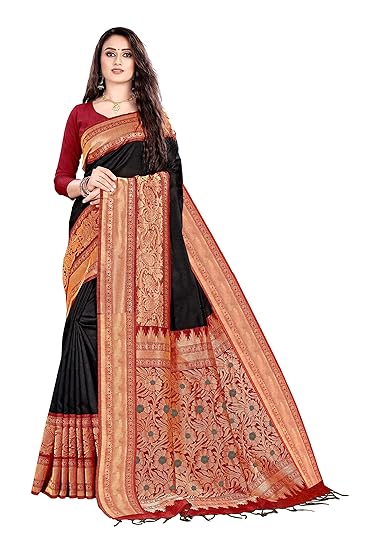Womens Art Silk Saree with Blouse Piece (SKR5835_Black-Red)
