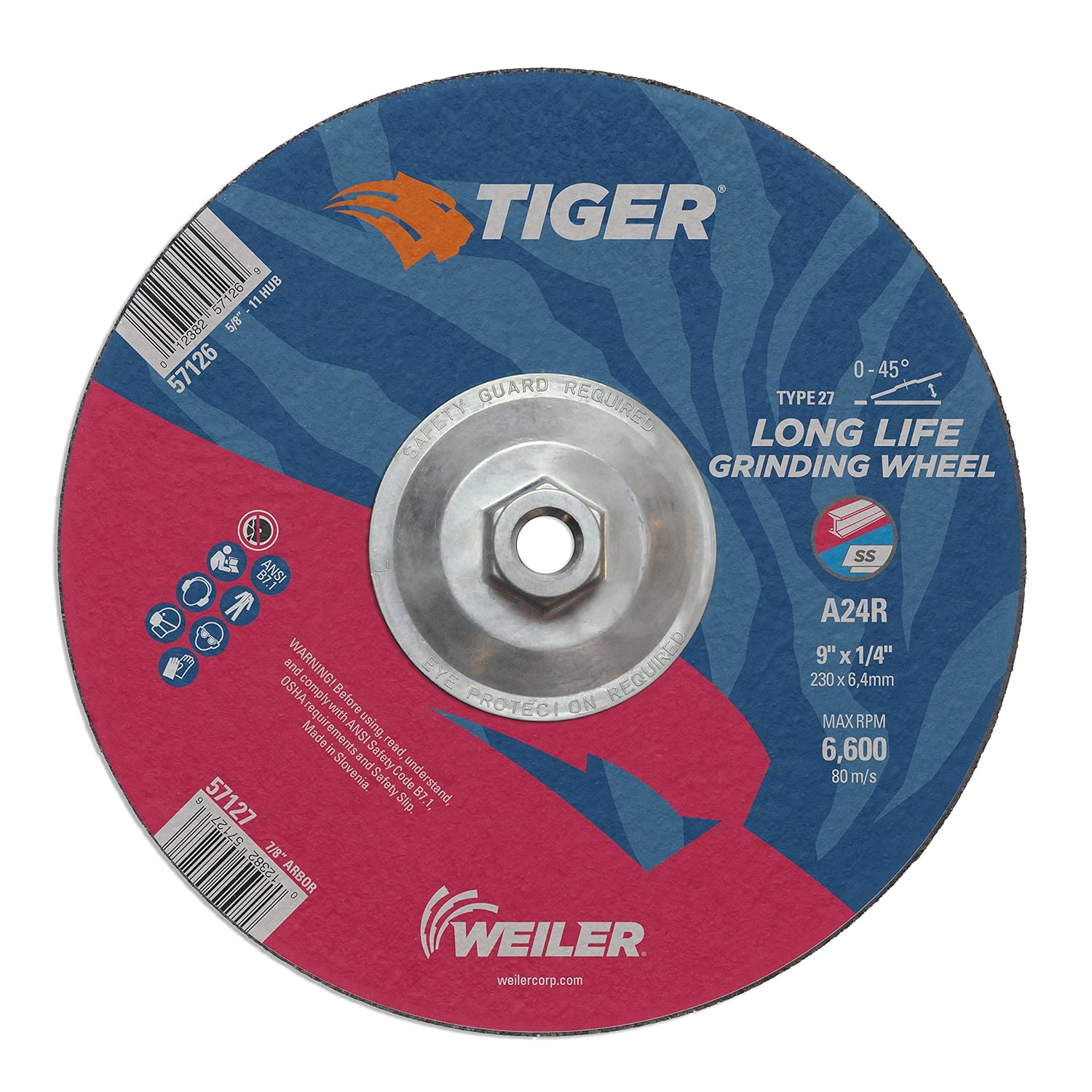 Weiler 57126 9" x 1/4" Tiger Type 27 Grinding Wheel, A24R, 5/8"11 UNC