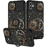 Goocrux (2in1 for iPhone 11 Case Sun Moon Stars for Women Girls Cute Space Phone Cover Fashion Golden Star Print Design with Slide Camera Cover+Ring Holder Cases for iPhone 11 6.1''