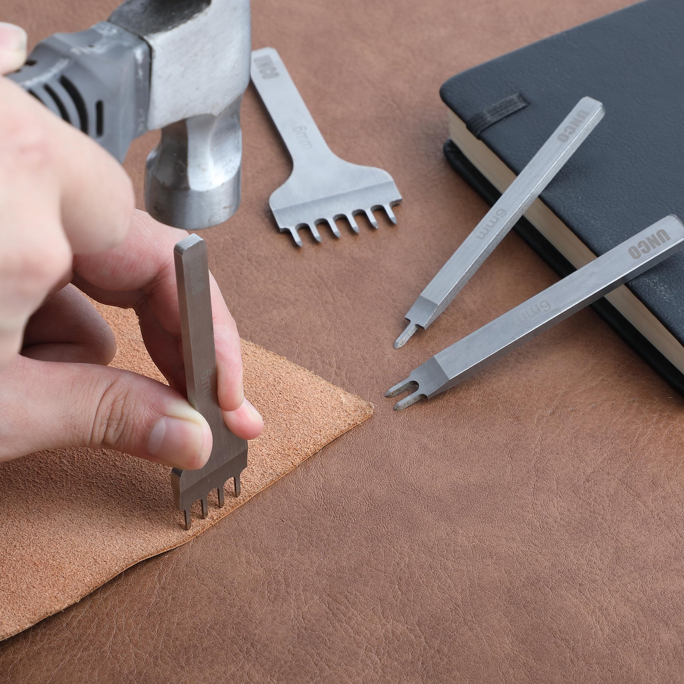 UNCO- Leather Stitching Punch, 4 Pack, 3mm, 1/2/4/6 Prong, Leather Hole Punch Tool, Stitching Chisel