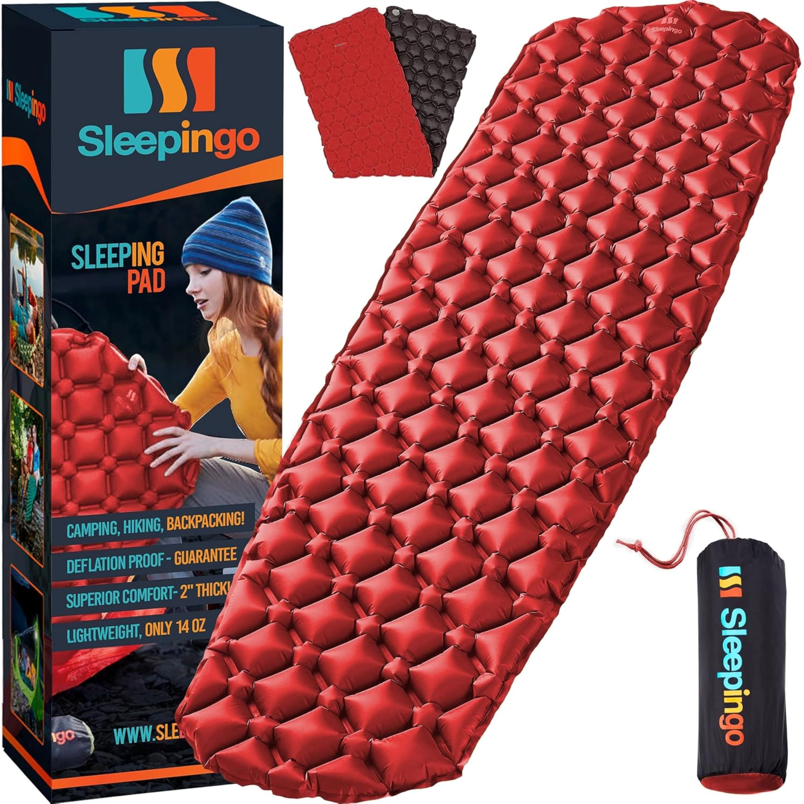 Photo 1 of Sleepingo Inflatable Mat for Camping - Ultralight Sleeping Pad for Camping and Backpacking - Compact Air Mattress - Mat with Tear-Resistant Ripstop Nylon - 73.5" x 21.5" - Red and Black