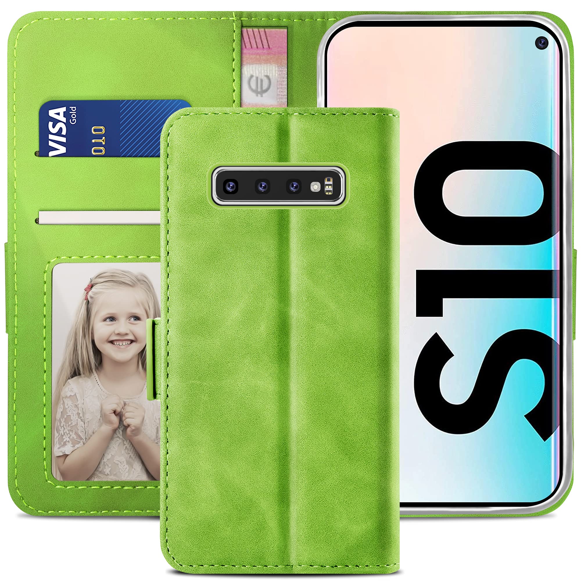 YATWIN Compatible with Samsung Galaxy S10 Case, Flip Wallet Leather Case with Card Slot and Shockproof Function Kickstand Phone Cases Cover for Samsung S10 - Green