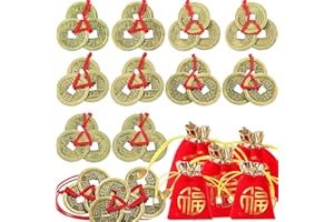 YAOMIAO 30 Pieces Chinese Feng Shui I-Ching Coins Fortune Good Luck Traditional Coins with Red String and 5 Pieces Lucky Bags Red Pouch Bag for Wealth and Success Chinese New Year Supplies